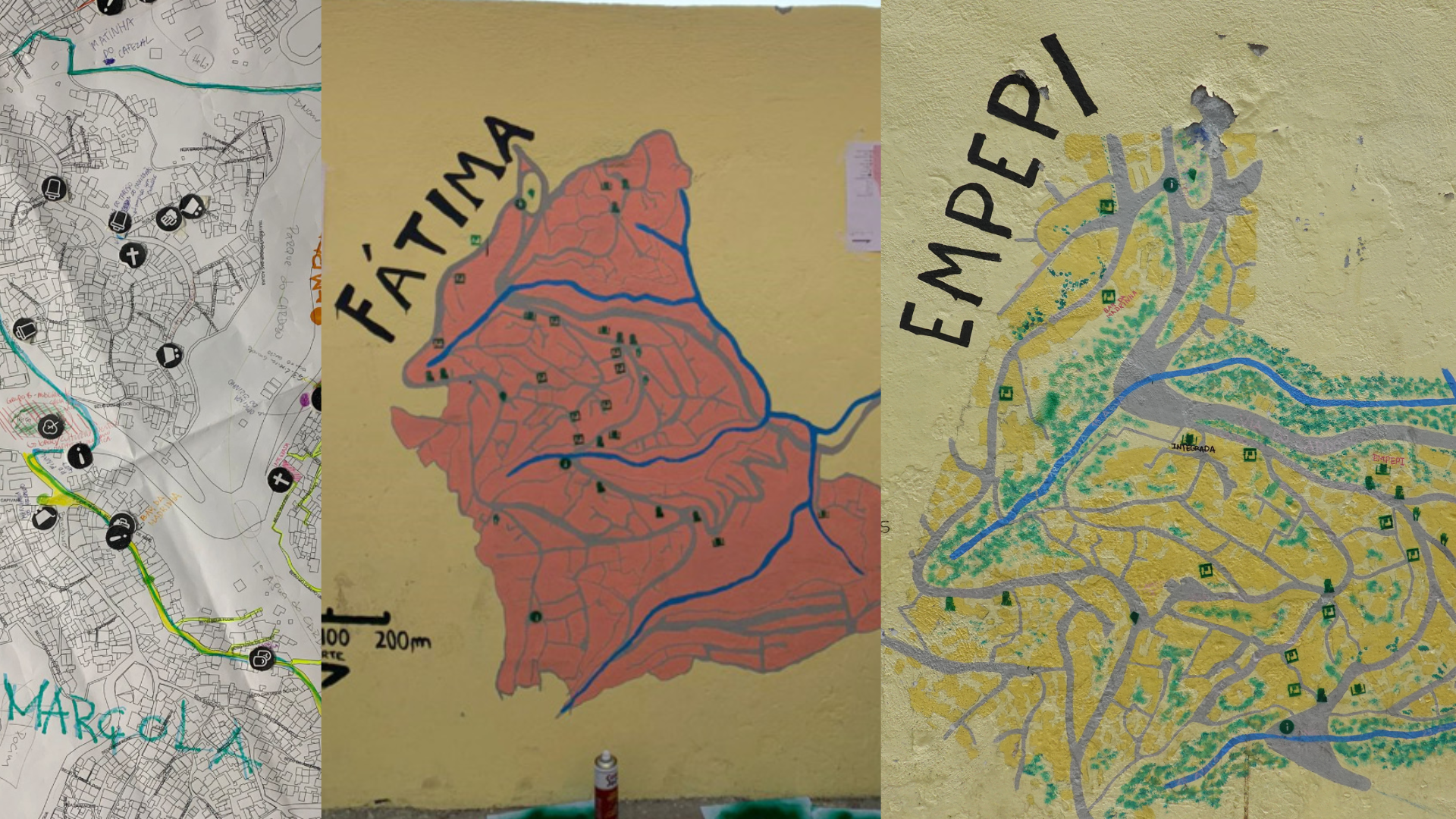 tres fotos mostrando o processo de mapeamento de pontos de interesse e a 2 pituras realizadas do muro da empepi